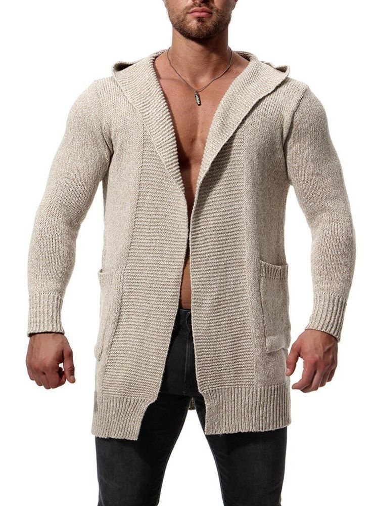 Cardigan En Tricot Épais À Capuche Unie Mi-long Pour Hommes