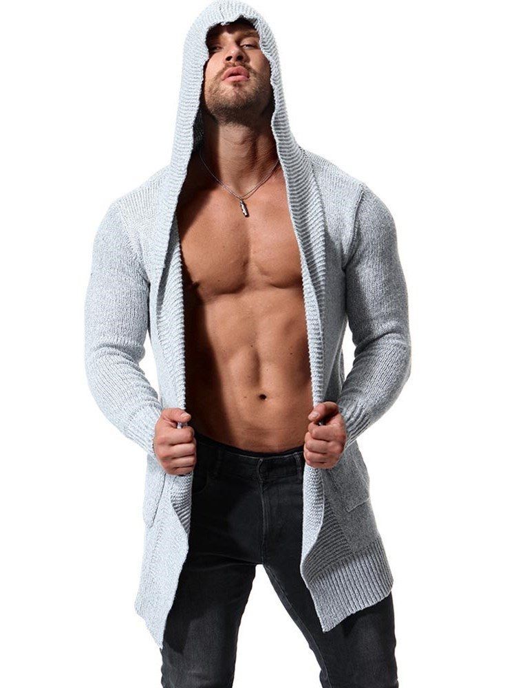 Cardigan En Tricot Épais À Capuche Unie Mi-long Pour Hommes