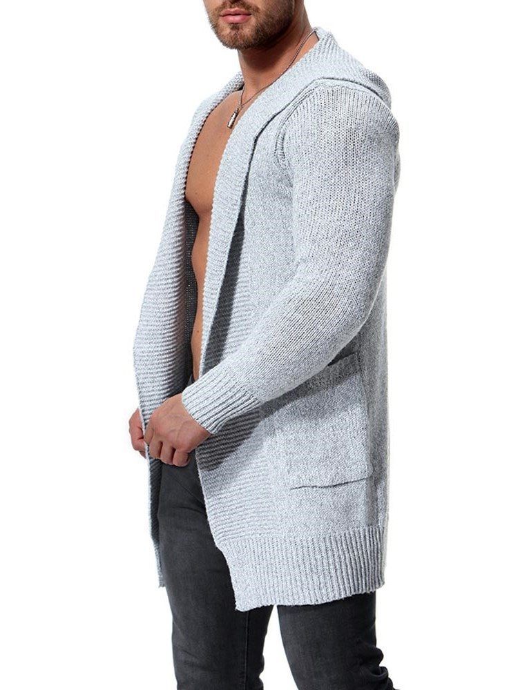 Cardigan En Tricot Épais À Capuche Unie Mi-long Pour Hommes