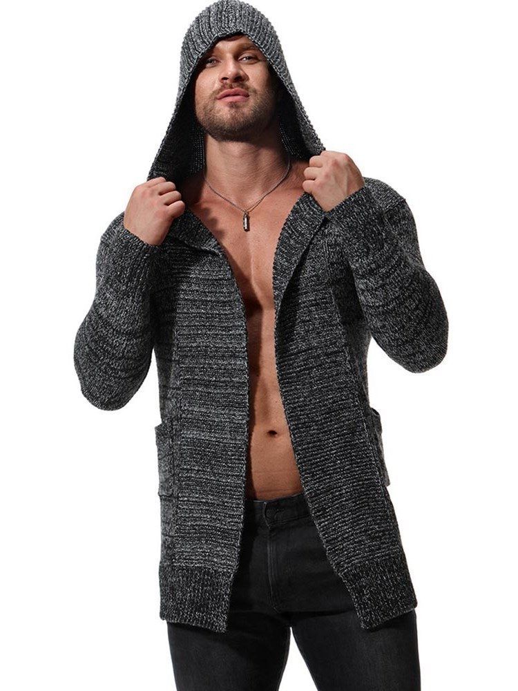 Cardigan En Tricot Épais À Capuche Unie Mi-long Pour Hommes