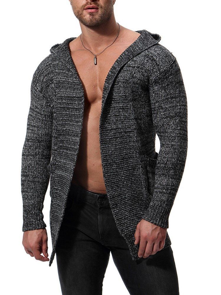 Cardigan En Tricot Épais À Capuche Unie Mi-long Pour Hommes