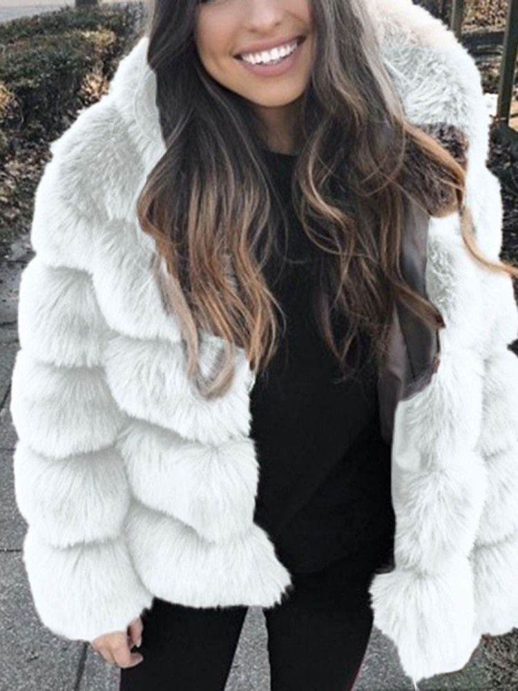 Manteau À Capuche Mi-long Uni D'hiver En Fausse Fourrure Ample Pour Femme