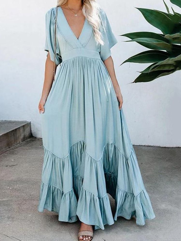 Col En V Longueur Au Sol Demi-manches Expansion Pull Robe Maxi Robes De Plage Pour Les Femmes Robe D'invité De Mariage