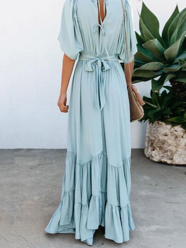 Col En V Longueur Au Sol Demi-manches Expansion Pull Robe Maxi Robes De Plage Pour Les Femmes Robe D'invité De Mariage