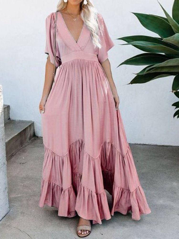 Col En V Longueur Au Sol Demi-manches Expansion Pull Robe Maxi Robes De Plage Pour Les Femmes Robe D'invité De Mariage