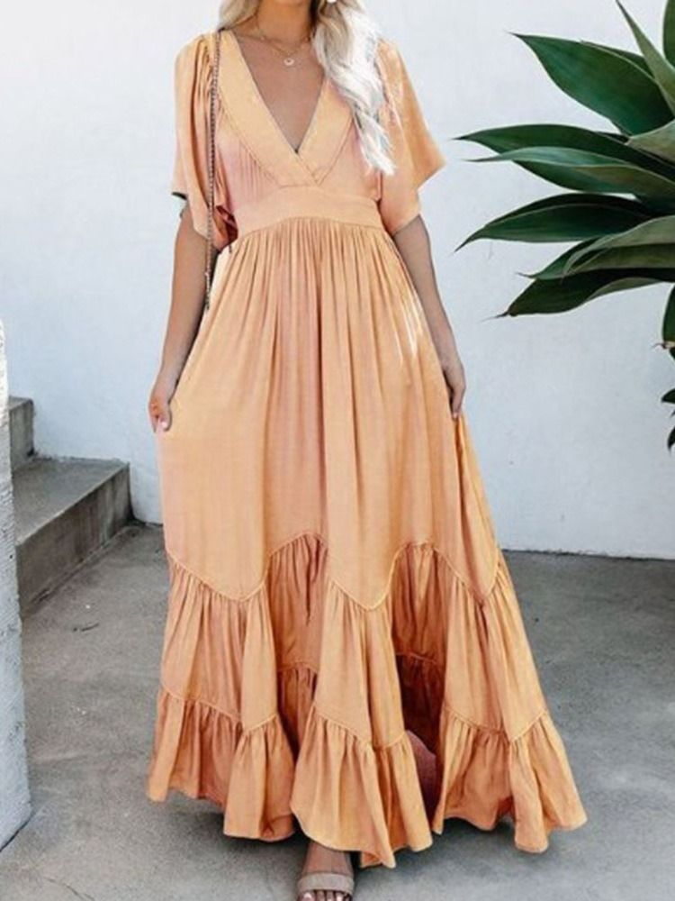 Col En V Longueur Au Sol Demi-manches Expansion Pull Robe Maxi Robes De Plage Pour Les Femmes Robe D'invité De Mariage