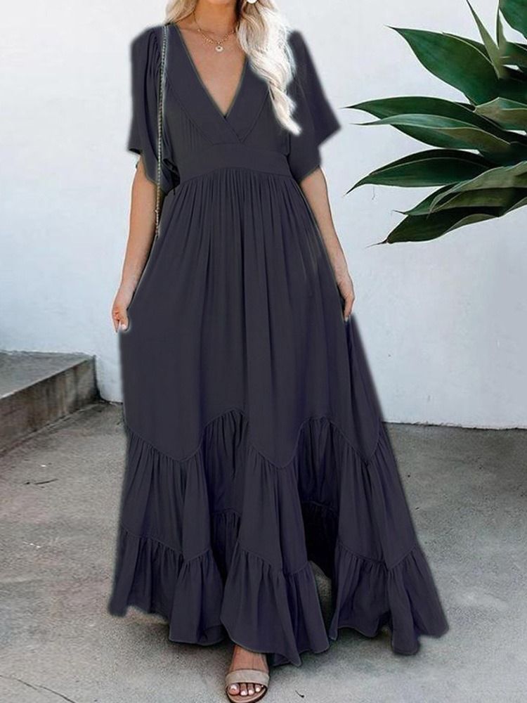 Col En V Longueur Au Sol Demi-manches Expansion Pull Robe Maxi Robes De Plage Pour Les Femmes Robe D'invité De Mariage