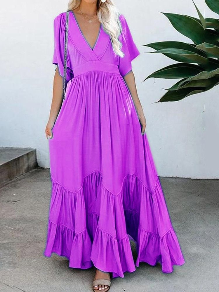 Col En V Longueur Au Sol Demi-manches Expansion Pull Robe Maxi Robes De Plage Pour Les Femmes Robe D'invité De Mariage