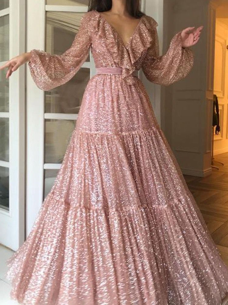 Falbala Robe À Manches Longues Et Au Sol Robe Taille Haute Pour Femmes