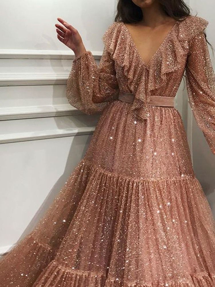 Falbala Robe À Manches Longues Et Au Sol Robe Taille Haute Pour Femmes