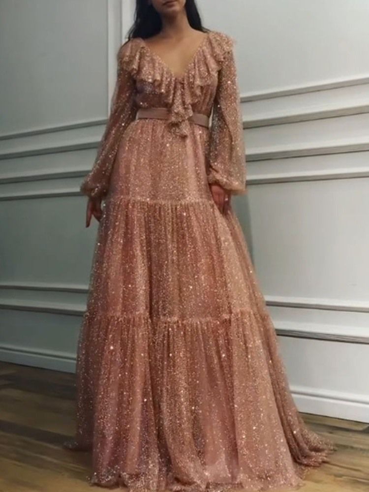 Falbala Robe À Manches Longues Et Au Sol Robe Taille Haute Pour Femmes