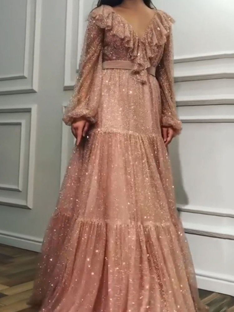 Falbala Robe À Manches Longues Et Au Sol Robe Taille Haute Pour Femmes