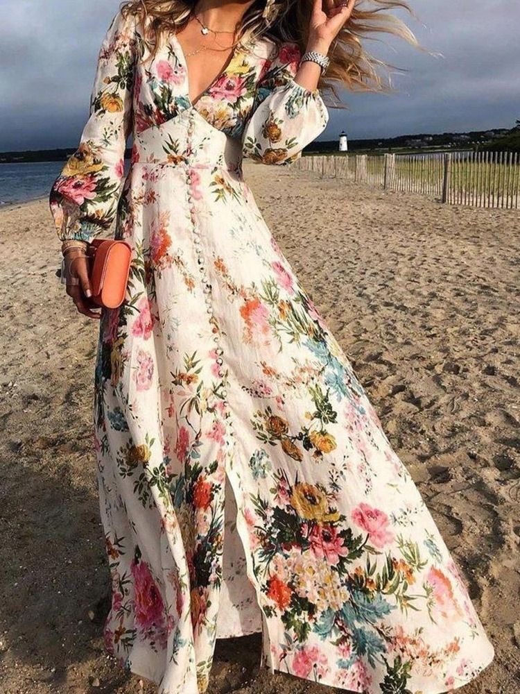 Longueur Au Sol À Manches Longues Bouton Expansion Ladylike Floral Maxi Dress Robes De Plage Pour Les Femmes