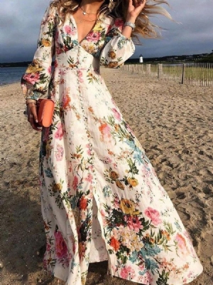 Longueur Au Sol À Manches Longues Bouton Expansion Ladylike Floral Maxi Dress Robes De Plage Pour Les Femmes