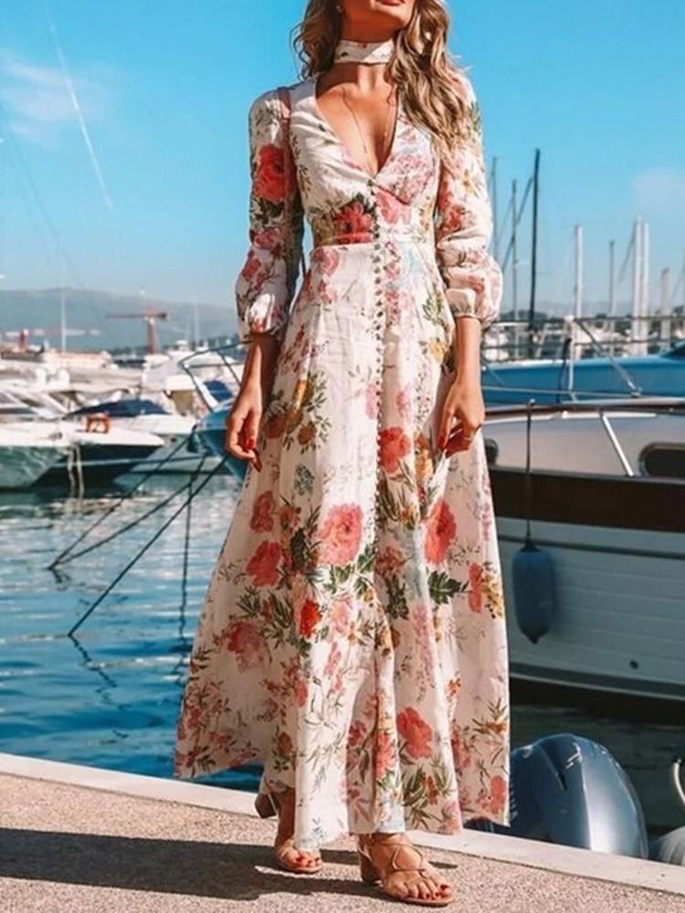 Longueur Au Sol À Manches Longues Bouton Expansion Ladylike Floral Maxi Dress Robes De Plage Pour Les Femmes