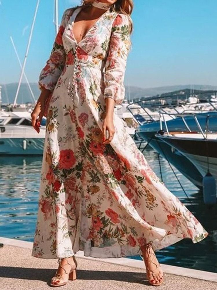 Longueur Au Sol À Manches Longues Bouton Expansion Ladylike Floral Maxi Dress Robes De Plage Pour Les Femmes