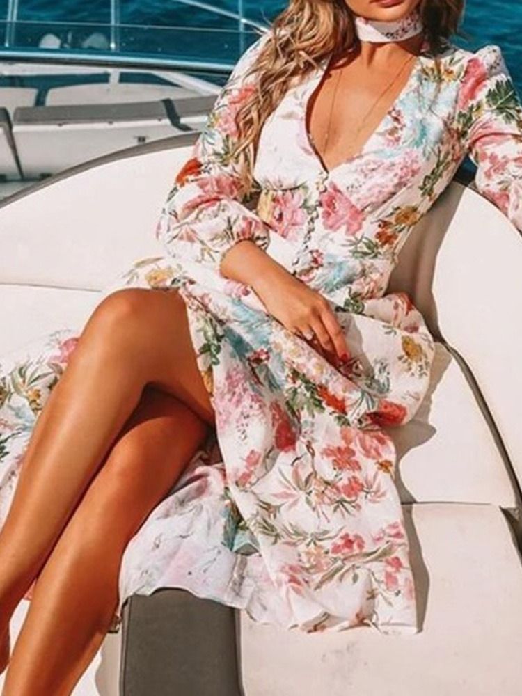 Longueur Au Sol À Manches Longues Bouton Expansion Ladylike Floral Maxi Dress Robes De Plage Pour Les Femmes