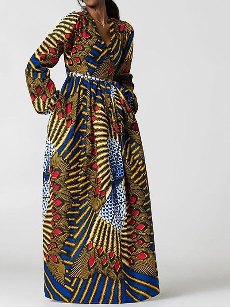 Robe Africaine À Manches Évasées Et À Col En V Pour Femmes