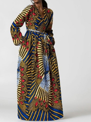 Robe Africaine À Manches Évasées Et À Col En V Pour Femmes