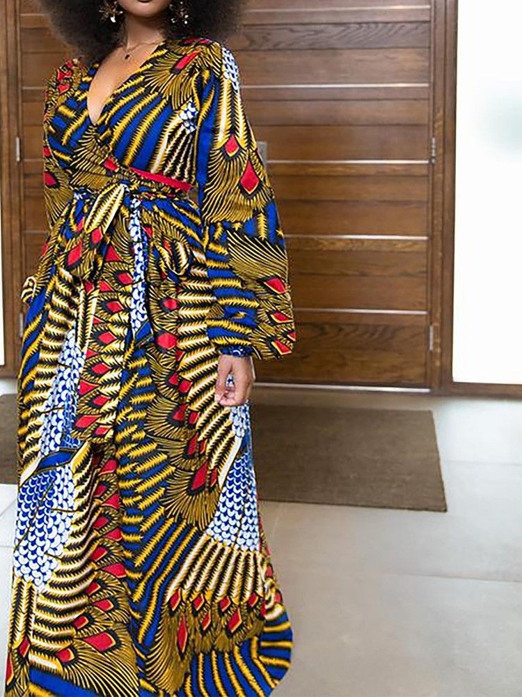 Robe Africaine À Manches Évasées Et À Col En V Pour Femmes