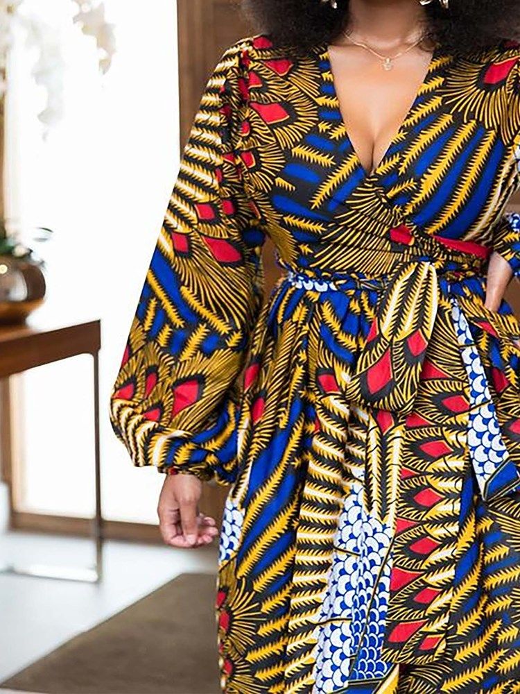 Robe Africaine À Manches Évasées Et À Col En V Pour Femmes