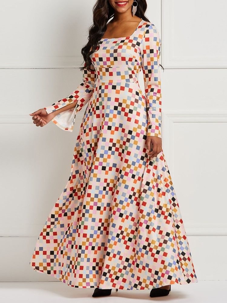 Robe Africaine À Manches Longues À Carreaux À Carreaux De Couleur Pour Femmes