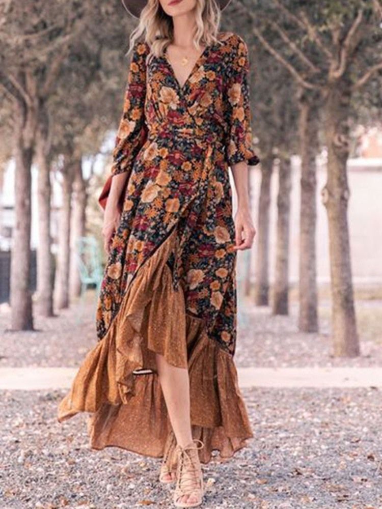 Robe Asymétrique À Encolure En V Et Imprimé Au Sol Pour Femmes