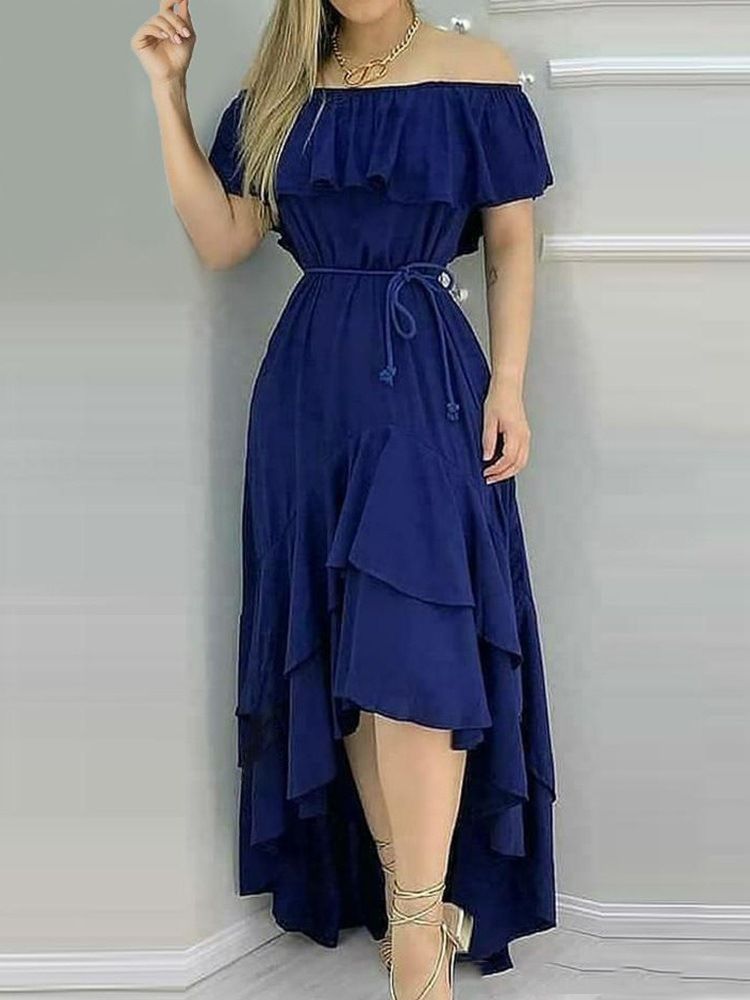 Robe Asymétrique À Manches Courtes Et À Épaules Dénudées Pour Femmes