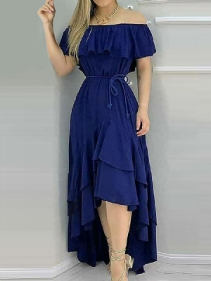 Robe Asymétrique À Manches Courtes Et À Épaules Dénudées Pour Femmes