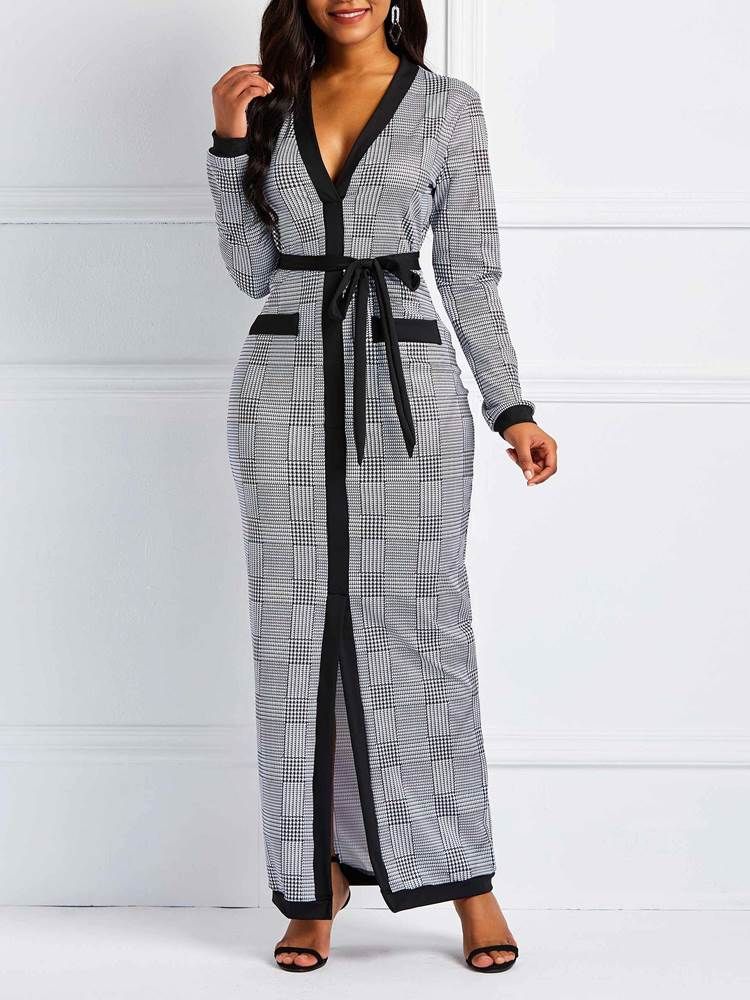 Robe À Carreaux À Lacets Et À Manches Longues Pour Femmes