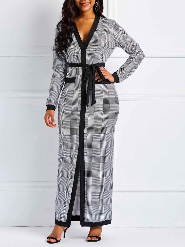 Robe À Carreaux À Lacets Et À Manches Longues Pour Femmes