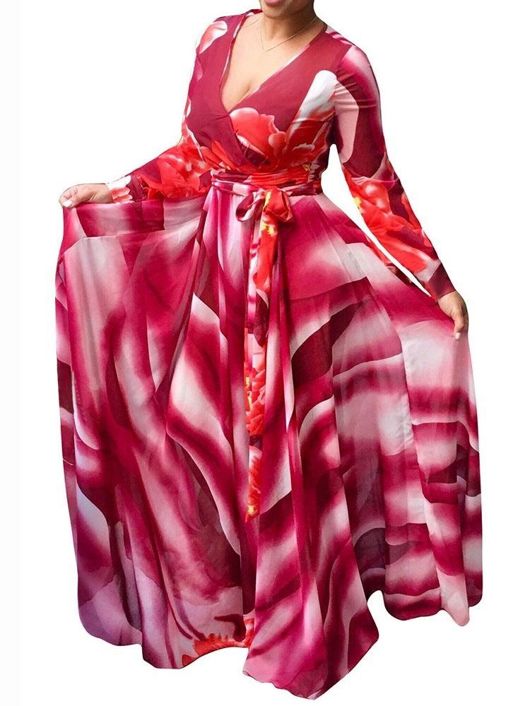 Robe De Cocktail Florale À Manches Longues Et À Encolure En V Pour Femme