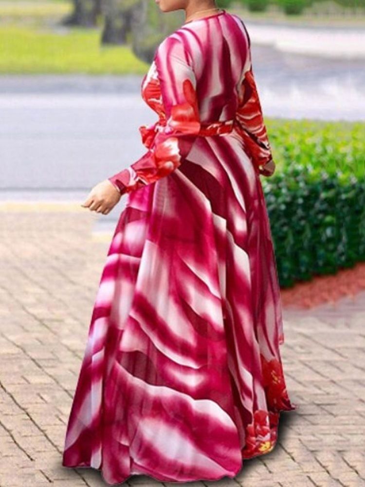 Robe De Cocktail Florale À Manches Longues Et À Encolure En V Pour Femme