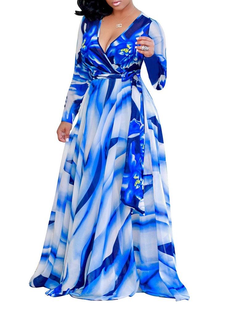 Robe De Cocktail Florale À Manches Longues Et À Encolure En V Pour Femme