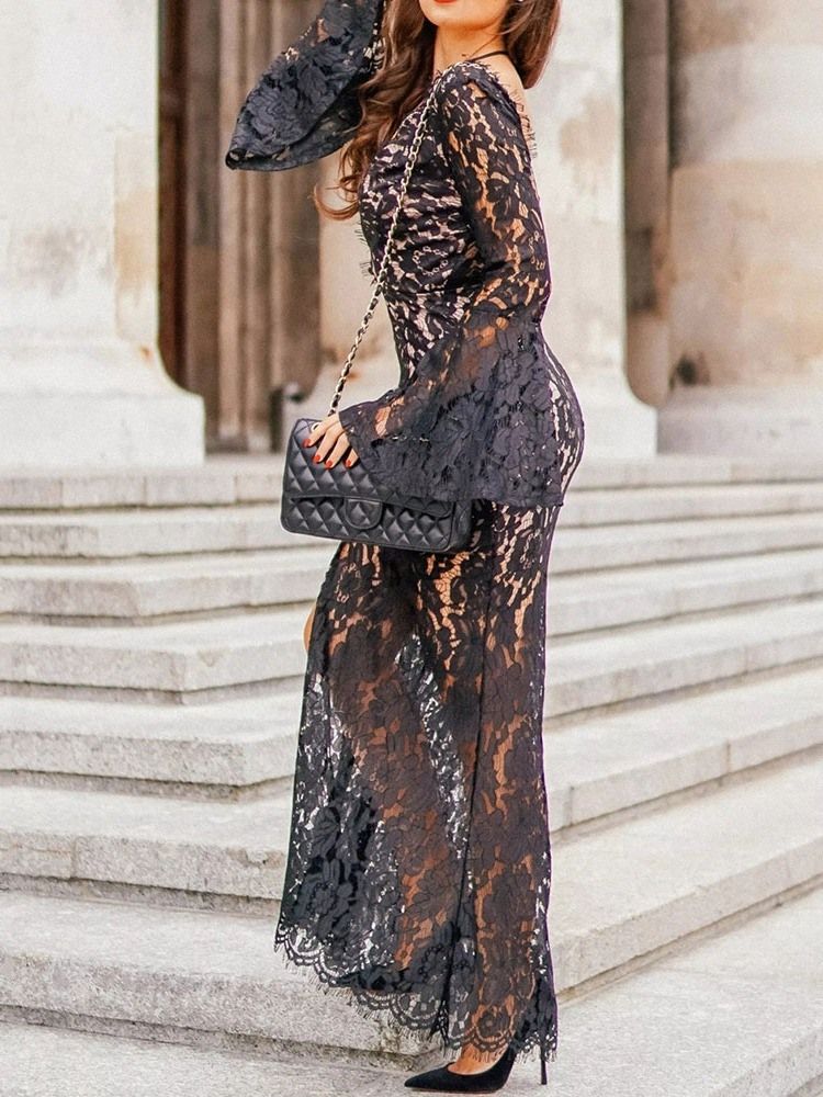 Robe D'automne En Dentelle À Col En V Et Longueur Au Sol Pour Femmes