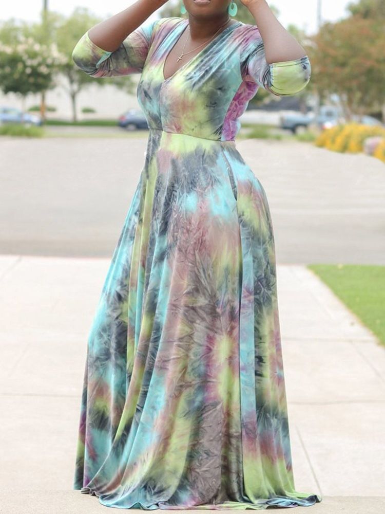 Robe Décontractée Pour Femmes À Encolure En V Et Tie-dye Au Sol