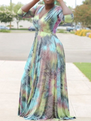 Robe Décontractée Pour Femmes À Encolure En V Et Tie-dye Au Sol