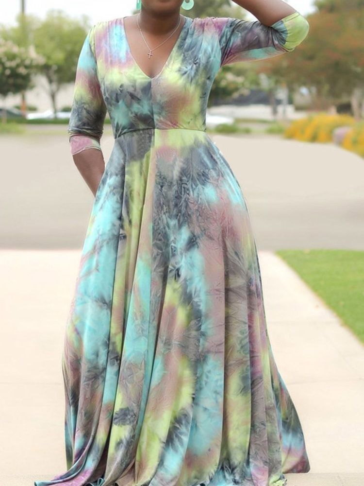 Robe Décontractée Pour Femmes À Encolure En V Et Tie-dye Au Sol