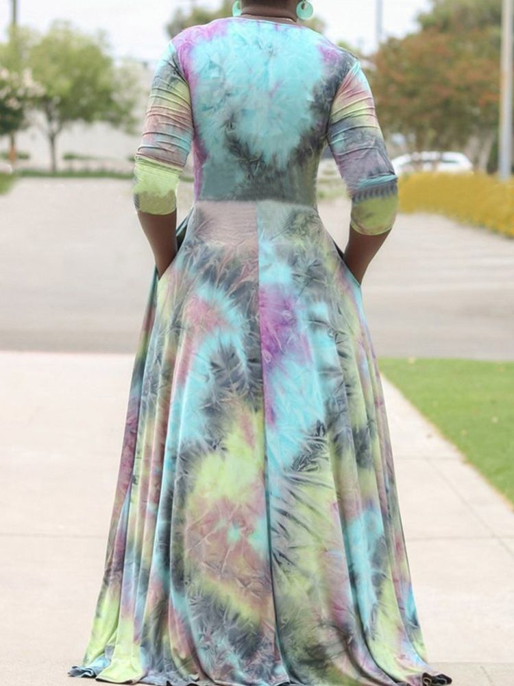 Robe Décontractée Pour Femmes À Encolure En V Et Tie-dye Au Sol