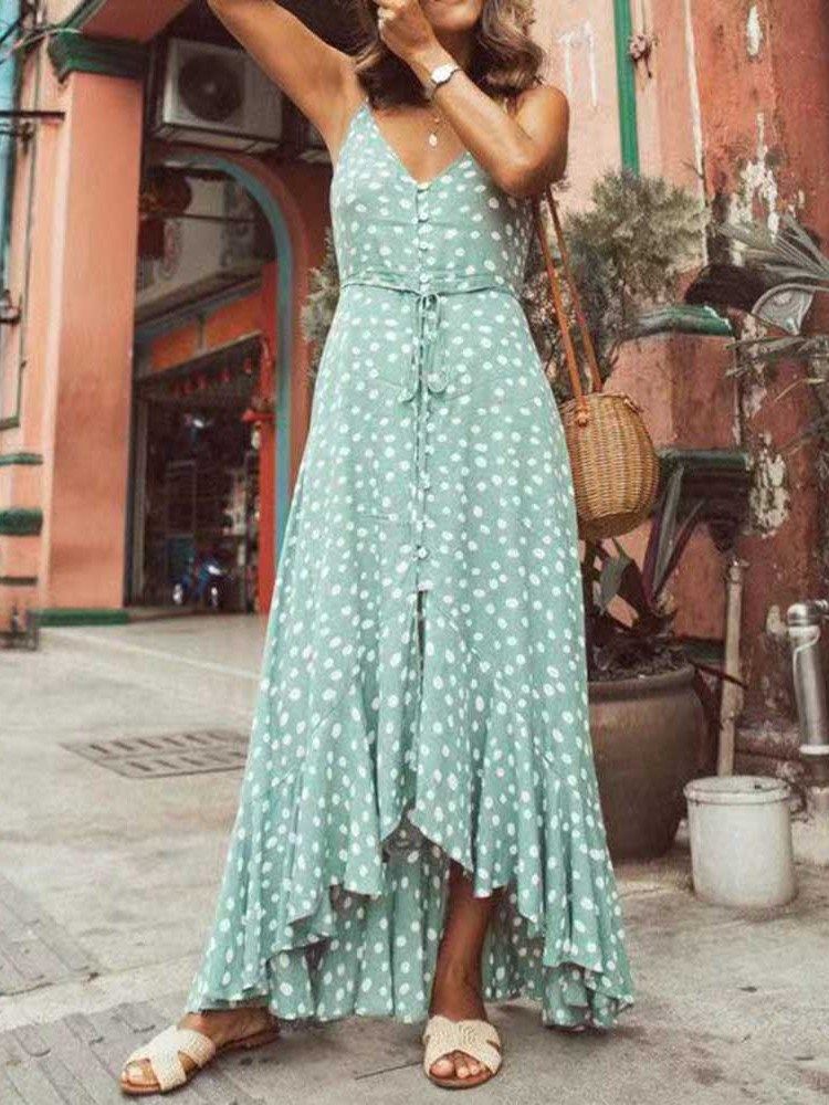 Robe D'été Asymétrique Sans Manches À Col En V Et Longueur Au Sol Pour Femmes