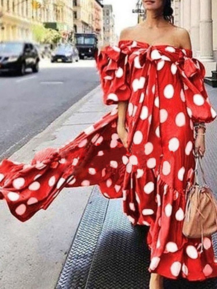 Robe D'été À Pois Pour Femme Longueur Cheville Épaules Dénudées