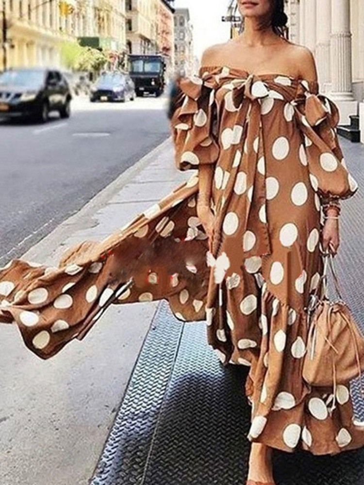 Robe D'été À Pois Pour Femme Longueur Cheville Épaules Dénudées