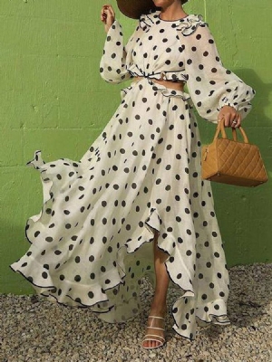 Robe D'été À Pois À Manches Longues Et Col Rond Pour Femmes