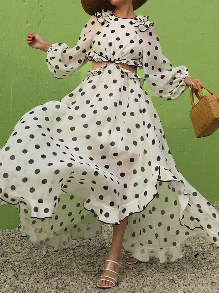 Robe D'été À Pois À Manches Longues Et Col Rond Pour Femmes