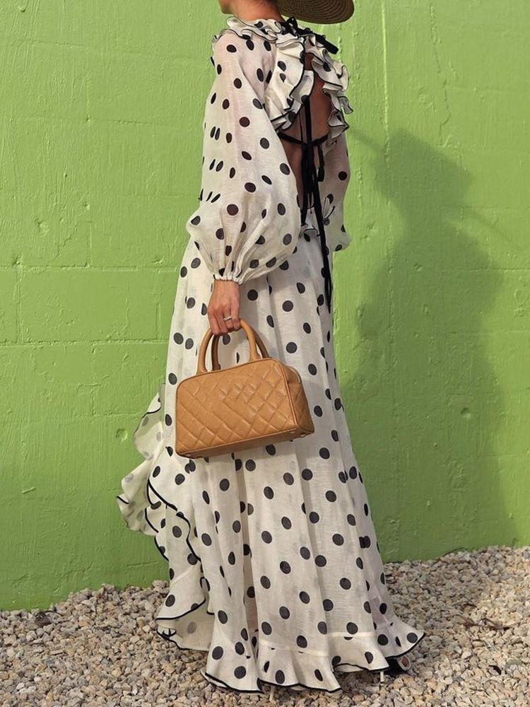 Robe D'été À Pois À Manches Longues Et Col Rond Pour Femmes