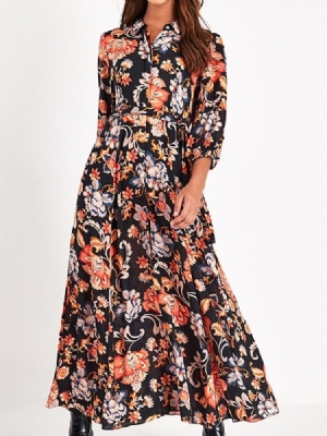 Robe Pour Femme À Manches Trois-quarts Et Imprimé À Revers Floral À Taille Moyenne