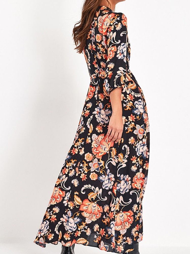 Robe Pour Femme À Manches Trois-quarts Et Imprimé À Revers Floral À Taille Moyenne