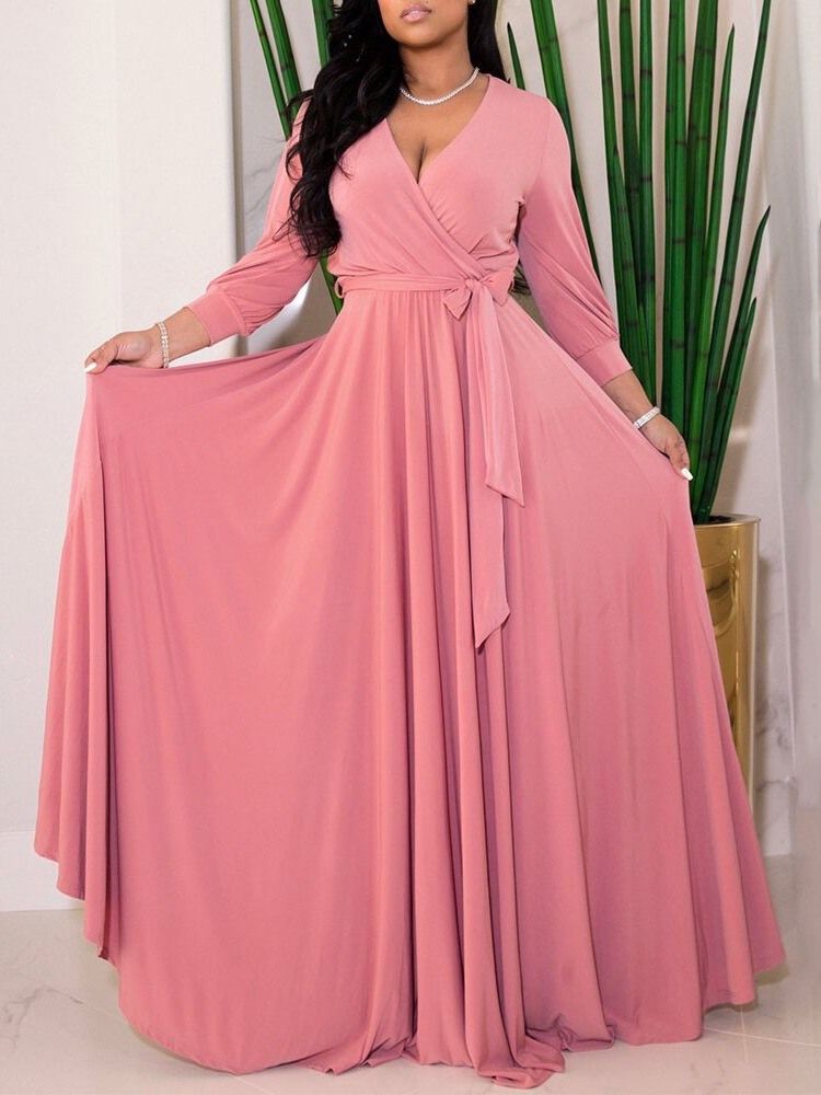 Robe Femme Taille Mi-longue À Col En V Et Manches Longues À Neuf Points