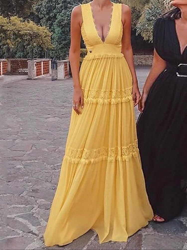 Robe Pour Femme Unie Sans Manches À Encolure En V Et Longueur Au Sol