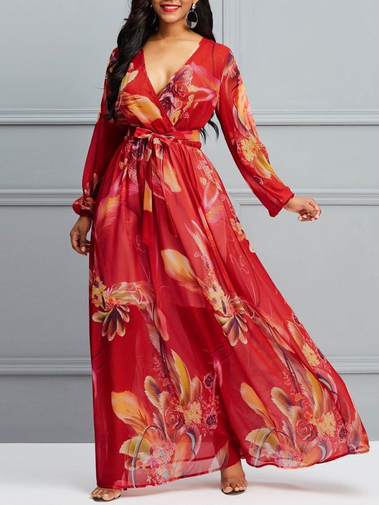 Robe Imprimée À Col En V Et Longueur Au Sol Pour Femmes